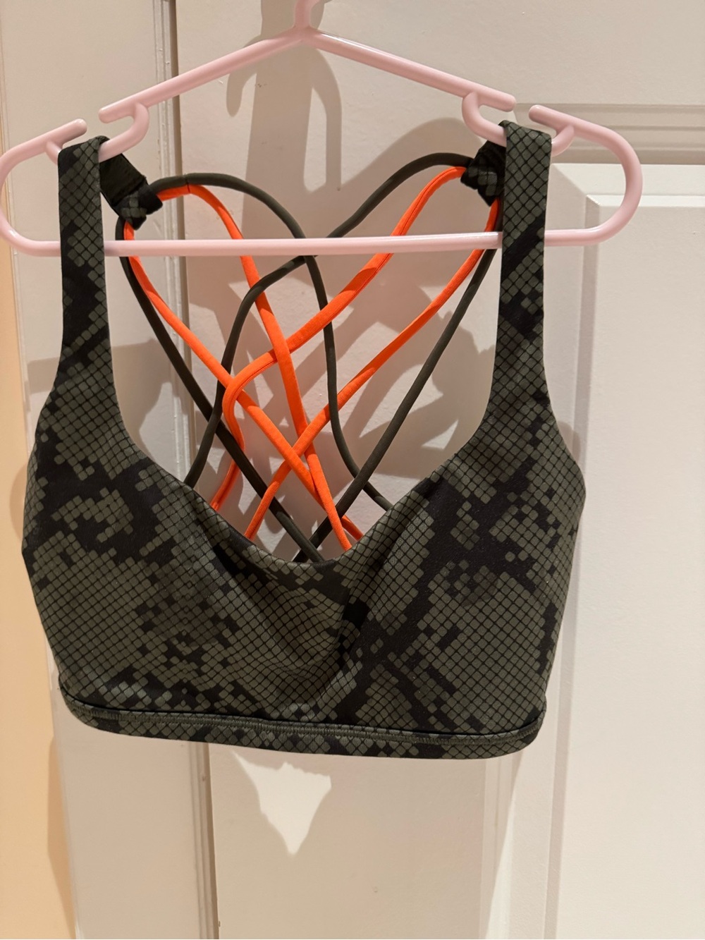 lululemon athletica Olive Camo Sports Bra with Neon Orange Straps